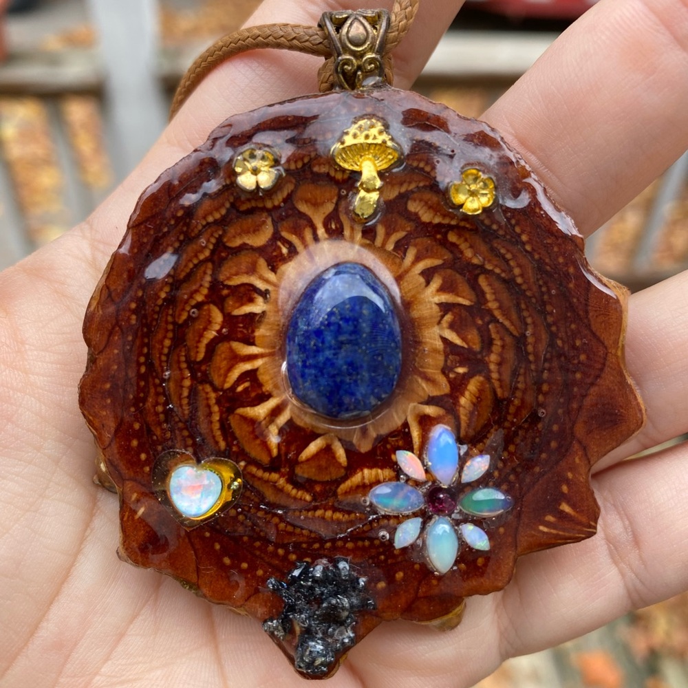 Handcrafted custom made Pinecone necklace with opal and lapis lazuli